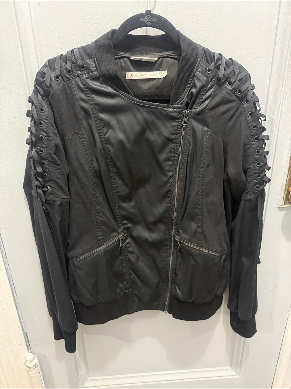 blanc noir Black Lace-Up Shoulder Bomber Jacket